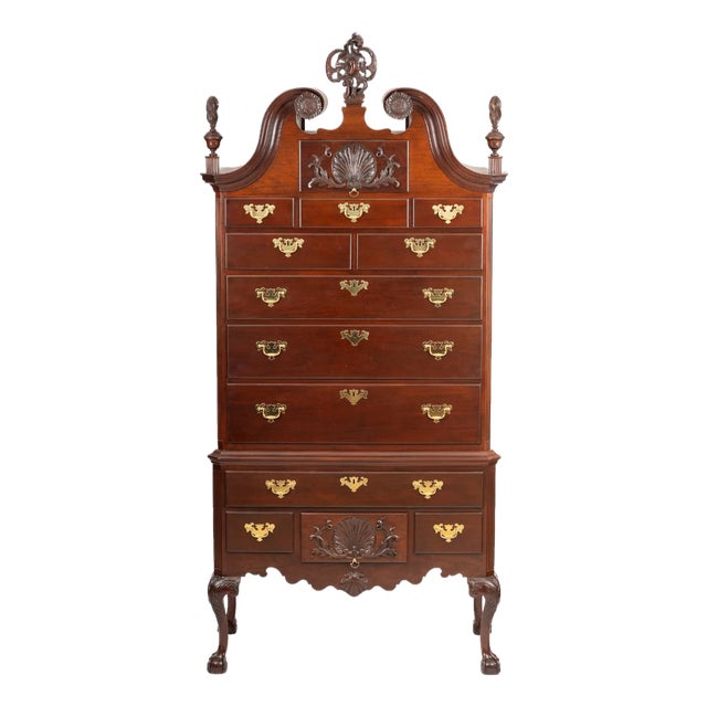 Late 20th Century Baker Colonial Williamsburg Collection Chippendale Mahogany Highboy "Rare" For Sale
