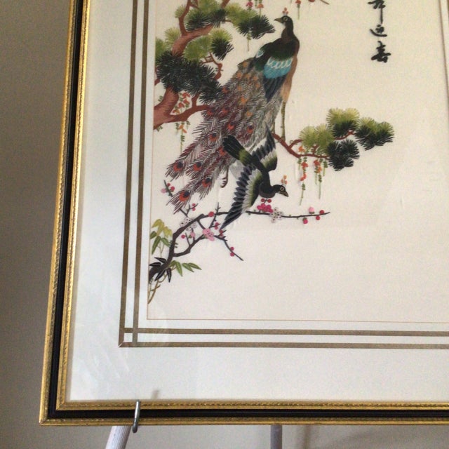 Textile 1930s Asian Silk Embroidered Panel Peacocks Perched in a Pine Tree For Sale - Image 7 of 11