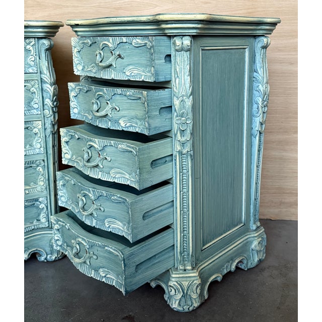 1950s 1950s Pair of Solid Wood Carved Turquoise Nightstands With Five Drawers, Signed For Sale - Image 5 of 13
