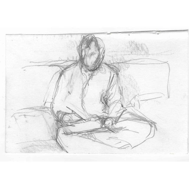 1960s drawing of a seated person painting or writing from the New York sketchbook of an unknown female artist.