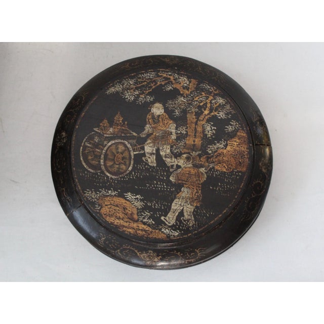 Vintage Early 20th Century Large Hand Painted Black Gold Bamboo Wood Wedding Basket, two sections, top is loose fitting...