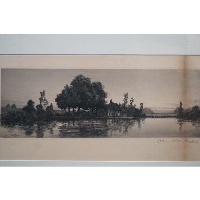 Antique Charles Mielatz Signed Waterfront House W Dock Landscape Etching 23" For Sale - Image 4 of 13