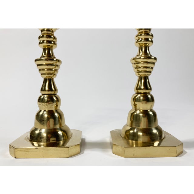 Antique English Brass Beehive Candlestick Holders, a Pair For Sale - Image 4 of 4