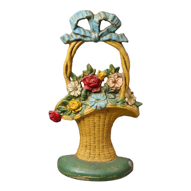 Vintage Cast Iron Floral Basket Doorstop – Hand-Painted Cottage Garden Motif For Sale
