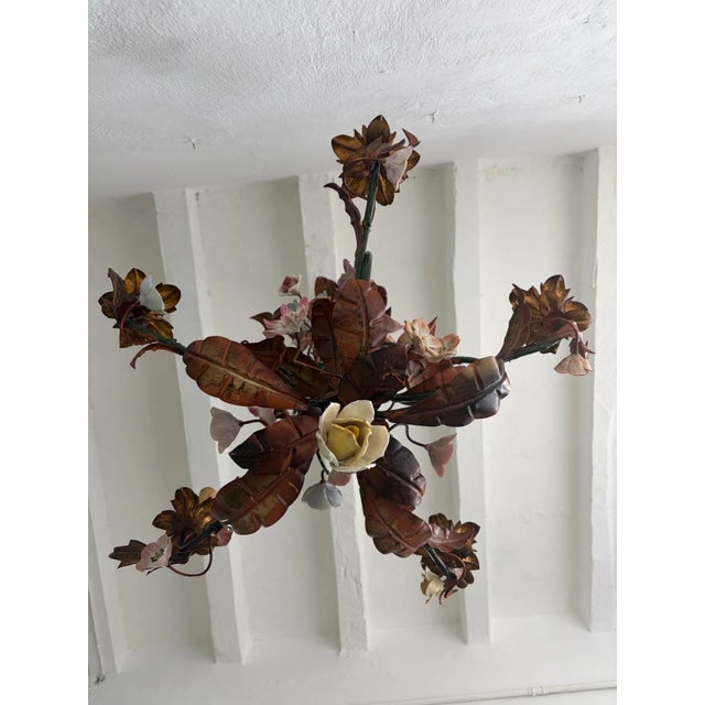 Italian Tole Porcelain Flowers Roses Gilt Metal Big Size C 1900 For Sale - Image 9 of 16