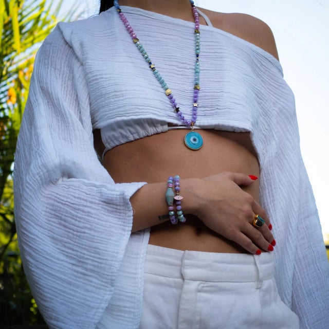 Pastel Colors Beaded Evil Eye Pendant Spring Bracelet Set For Sale - Image 4 of 7