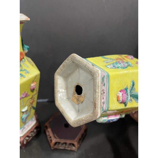 Pair of Chinese 19th Century Famille Rose High Relief Yellow Ground Porcelain Vases For Sale - Image 4 of 7