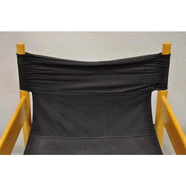 Vintage Mid Century Modern Scandinavian Black Canvas Birch Wood Lounge Chair For Sale - Image 4 of 11