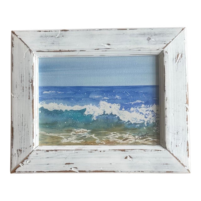 Signed Original Coastal Seascape Watercolor Framed Beach Wave Painting For Sale