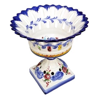 Vintage Portuguese Alcobaca Ceramic Reticulated Dish on Pedestal For Sale