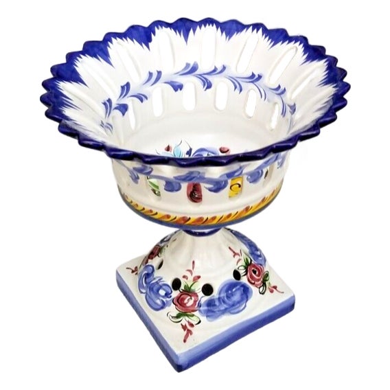 Vintage Portuguese Alcobaca Ceramic Reticulated Dish on Pedestal For Sale