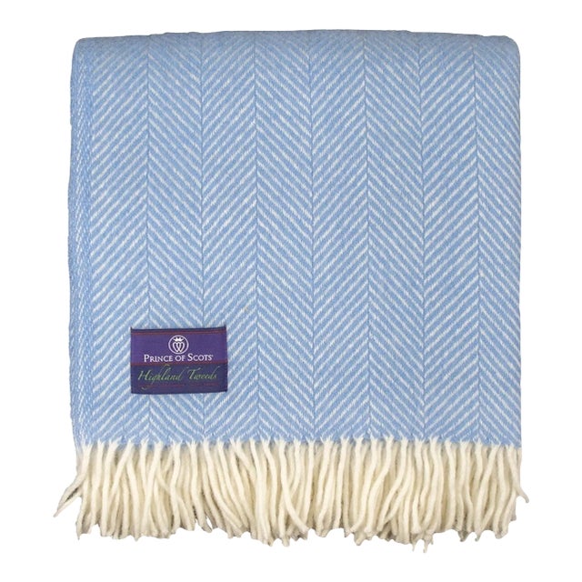 Highland Tweeds Wool Herringbone Throw - Sky Blue For Sale