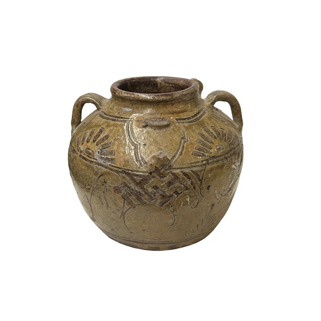 Abstract Earthy Brown Pottery Bulb Shape Rings Geometric Pattern Art Vase For Sale - Image 3 of 5