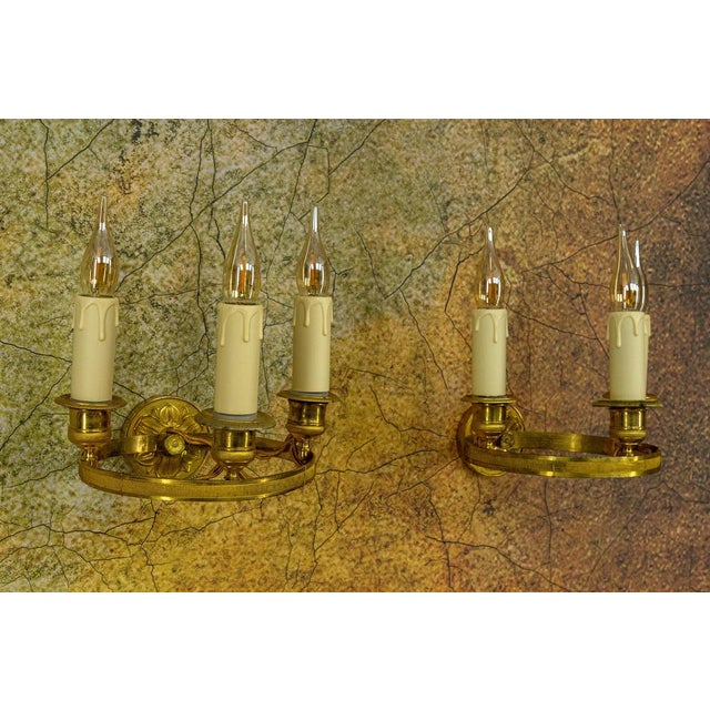 Empire French Brass and Bronze Three-Light Wall Sconces, 1920s, Set of 2 For Sale - Image 6 of 18