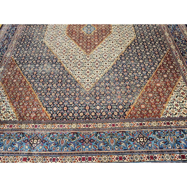 Antique Persian Tabriz Mahi Rug, Hand-Knotted Wool, Herati Geometric Pattern, Ivory & Navy, 10x13 For Sale - Image 14 of 18