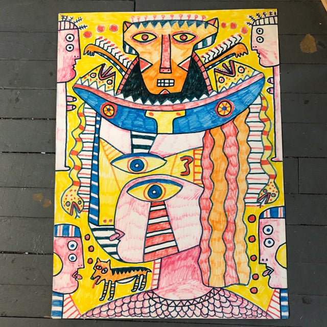 Paper Original Vintage Outsider Art 1990’s “The King of Babylon” Colored Marker Drawing For Sale - Image 7 of 7