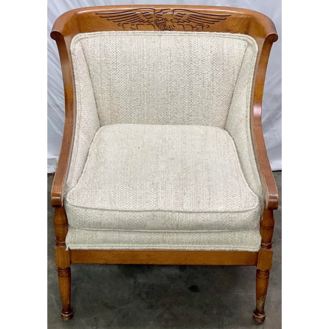 Hollywood Regency Vintage Statton Furniture Mahogany & Textured Slub Upholstery Club Chair For Sale - Image 3 of 13