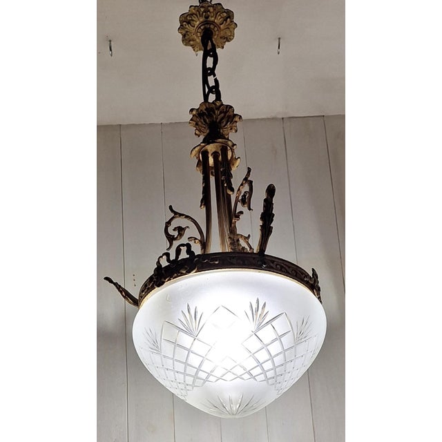 Antique French Pendant Lamp with Ornate Brass Frame, 1890s For Sale - Image 5 of 8