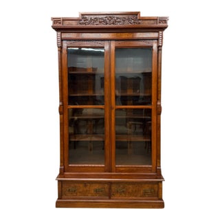 19th Century American Victorian Solid Walnut Bookcase With Burl Walnut & Wavy Glass, Circa 1890 For Sale