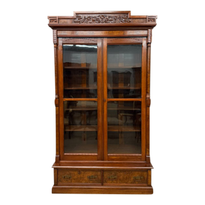 19th Century American Victorian Solid Walnut Bookcase With Burl Walnut & Wavy Glass, Circa 1890