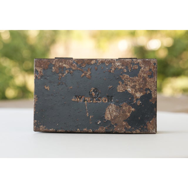 30s Vintage Industrial Metal Steel Tool Box With Rusty Patina and Chipping Black Paint For Sale - Image 4 of 17