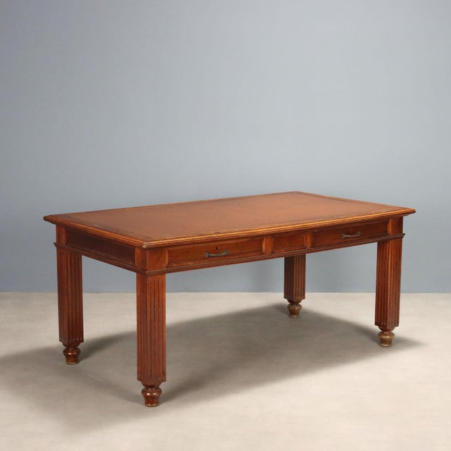 Walnut Desk with Brown Leather Insert, Italy For Sale - Image 11 of 11