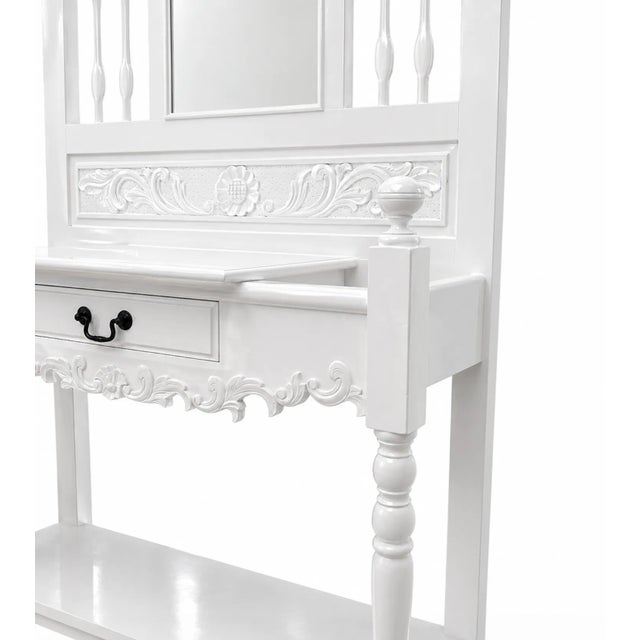 Mid-Century Modern Vintage Ornate Hall Tree Vanity | High Gloss White W/ Mirror | Palm Beach Regency For Sale - Image 3 of 6