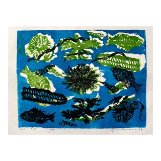 Original Expressionist Wood Block Print Marine Life by Sylvia T. Gavurin 1969 Artists Proof. For Sale