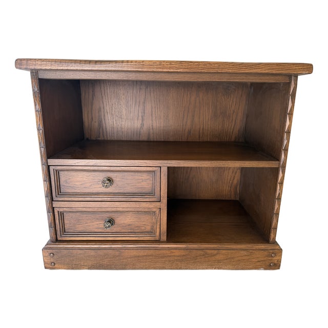 Vintage Romweber Viking Oak Media Console With Rare Brass Horseshoe Inlays For Sale