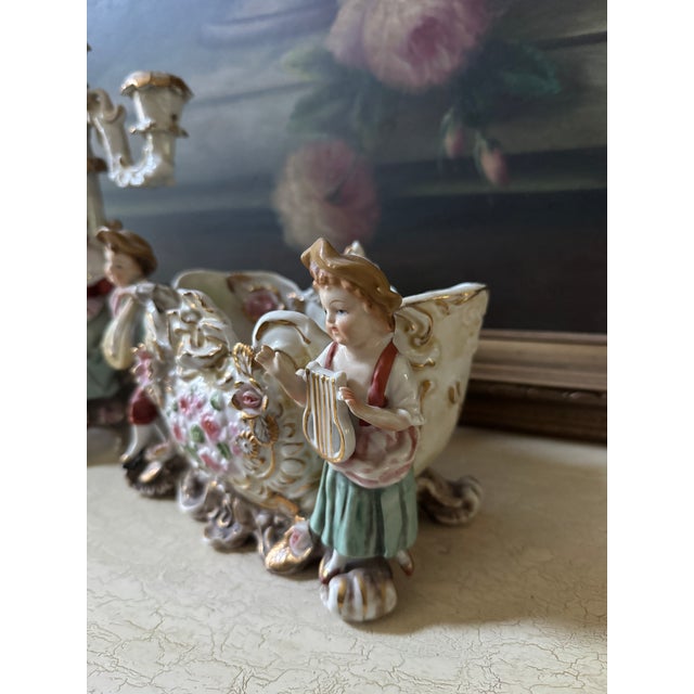 White Vintage Rococo Revival Porcelain Musician Jardinière & Candelabrum — Set of 2 For Sale - Image 8 of 10
