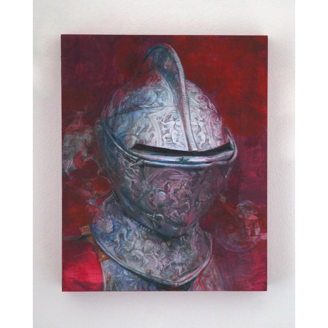 This artwork presents a detailed depiction of a ceremonial knight's helmet, rendered in oil on panel. The intricate...