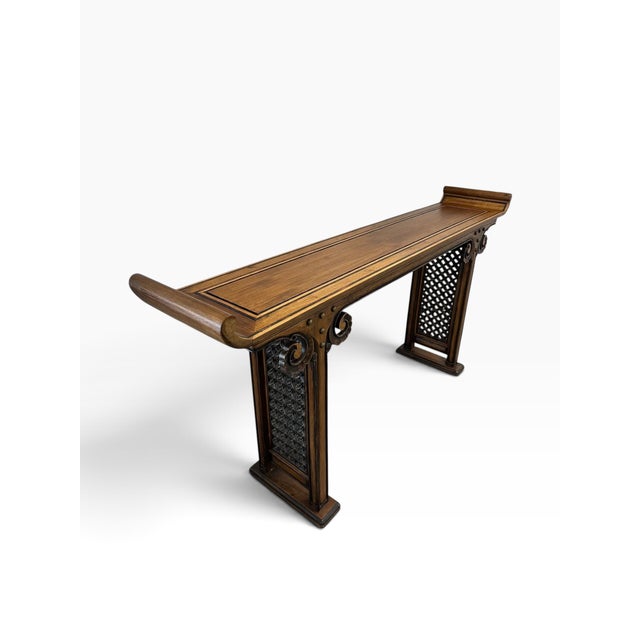 Vintage Chinese Ming Style Hardwood Altar Console Table With Brass Studs & Fretwork For Sale - Image 9 of 15