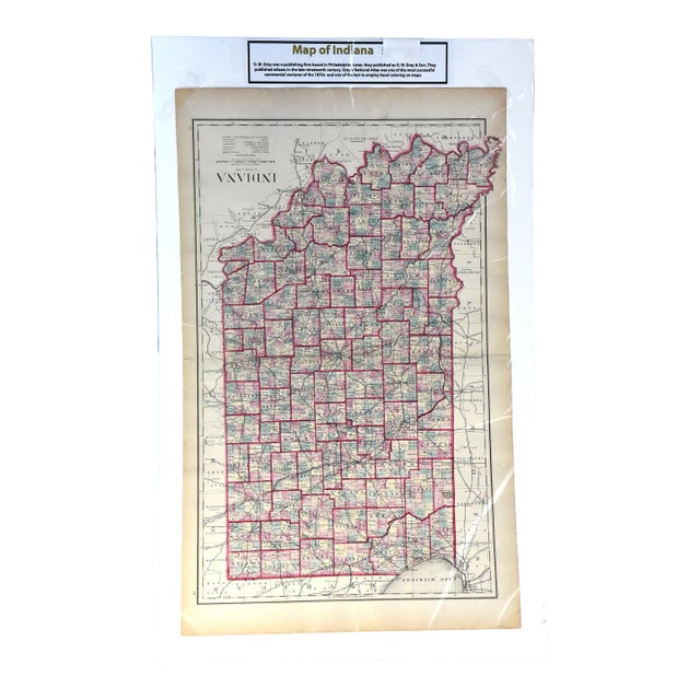 1870s g.w. Gray & Son Colour Map of Indiana (32 X 20")" For Sale