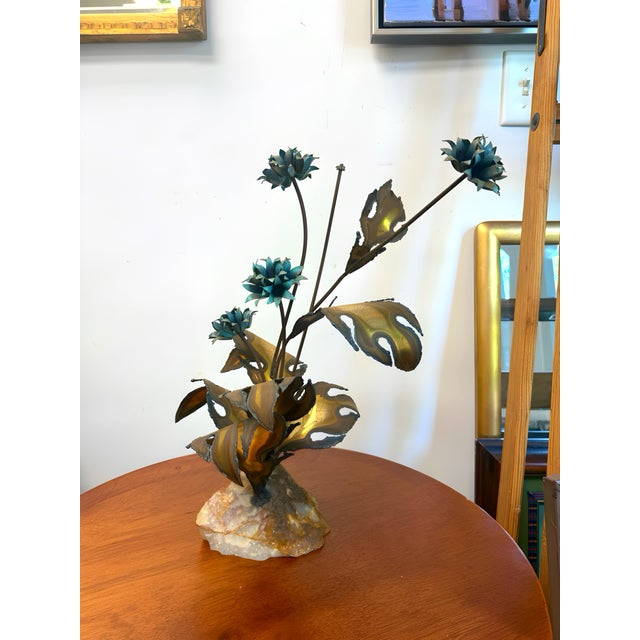 Verdigris Circa 1970s Brutalist Torch Cut Flower Display on Quartz Rock For Sale - Image 8 of 11