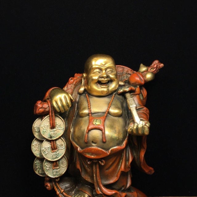 Metal Vintage Gilt Patinated Bronze Laughing Buddha Sculpture With Coins and Ruyi Scepter For Sale - Image 7 of 9