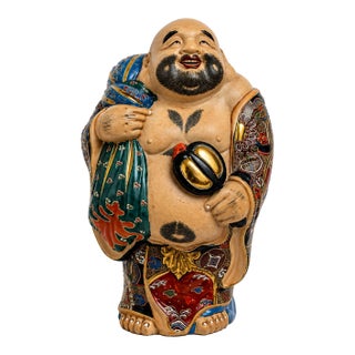 Vintage Japanese Moriage Happy Buddha Figurine Large Hand Painted Laughing Buddha Statue For Sale