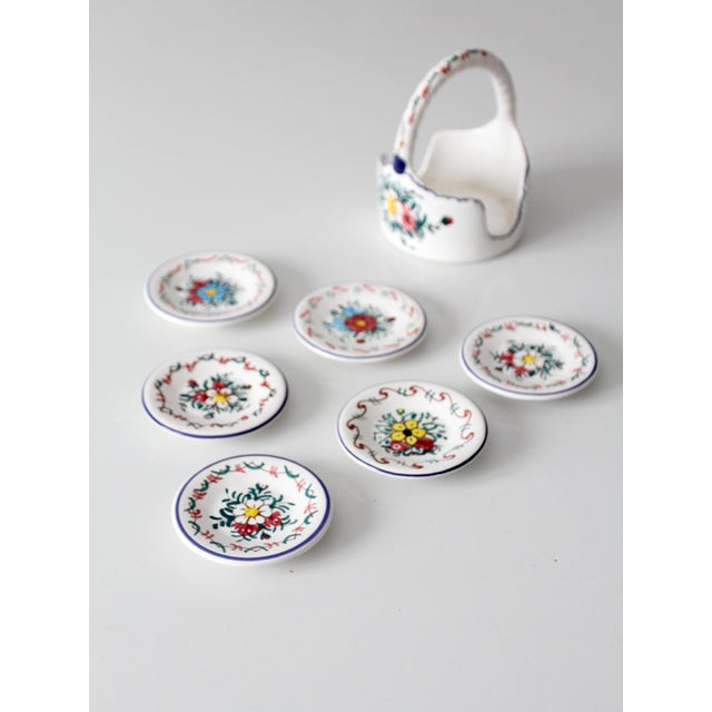 Vintage Crespo Spanish Faience Coaster Set With Basket Holder For Sale - Image 11 of 15