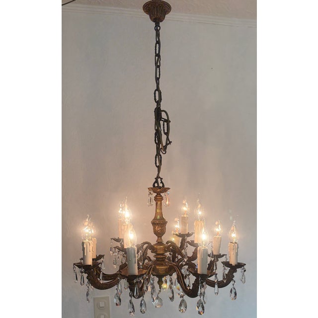 Vintage French Brass and Lead Crystal Chandelier, 1950s For Sale - Image 10 of 14