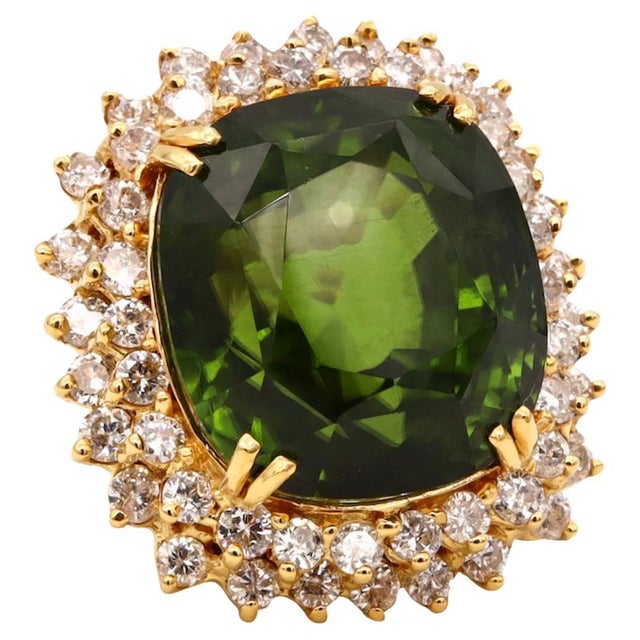 67.79 Carat GIA Certified Peridot and Diamonds 18K Gold Estate Cocktail Ring For Sale