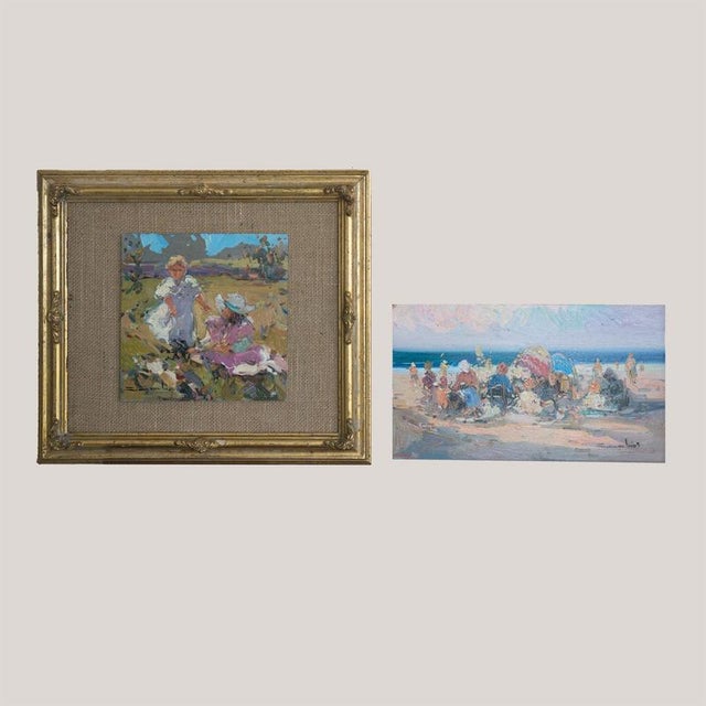 This charming pair of original oil on board paintings, both signed by an as yet unidentified artist, capture two...