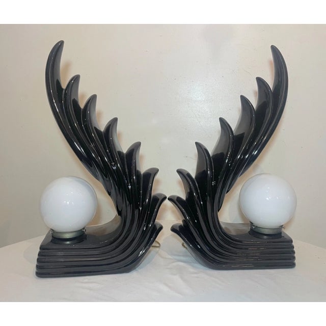 Large Pair of Vintage Mid Century Modern Wave Flame Black Ceramic Table Lamps For Sale - Image 9 of 9