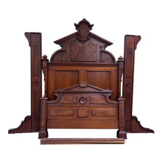 Antique Full Size Victorian Monumental Carved Walnut Burl Wood Bed For Sale