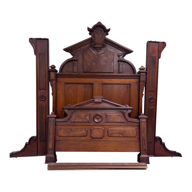 Antique Full Size Victorian Monumental Carved Walnut Burl Wood Bed For Sale
