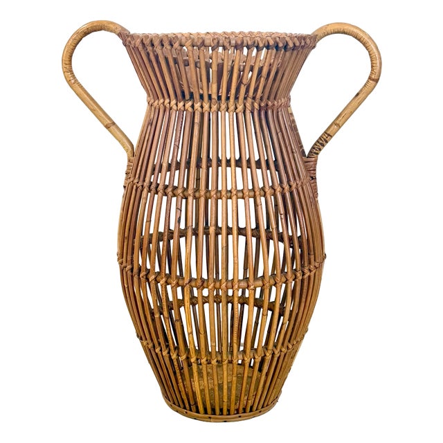 Vintage Wicker and Bamboo Amphora Umbrella Stand, Italy, 1960s For Sale