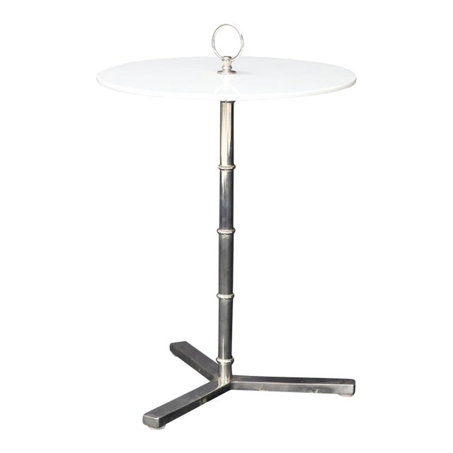 Mid 20th Century Round Vitrolite Glass Top Heavy Solid Chrome Accent Side Table For Sale