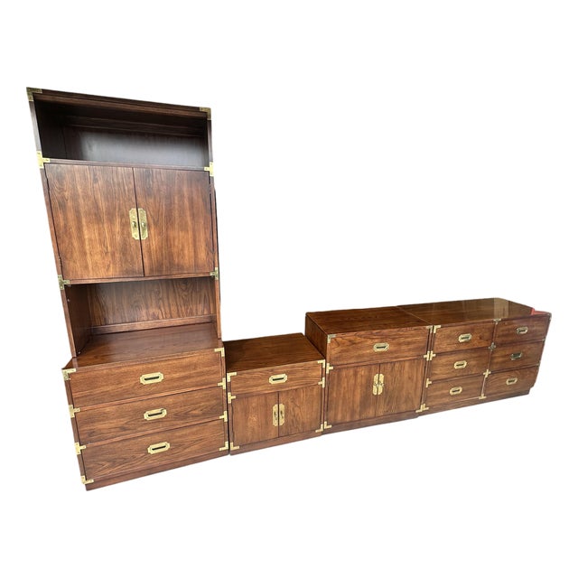 1970s Bernhardt Campaign-Style Modular Storage Cabinet Set in Walnut With Brass Hardware For Sale