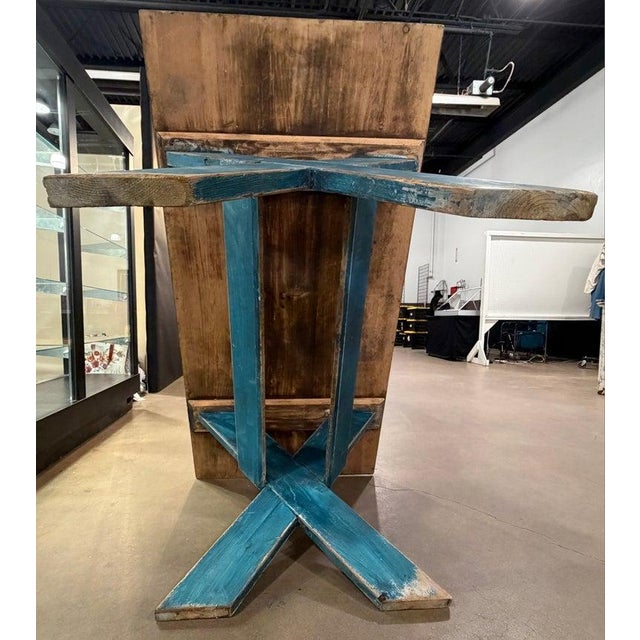 Green 19thc Scrub Top Blue Painted Trestle Table For Sale - Image 8 of 9