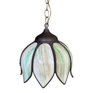 Mid 20th Century Green Slag Glass Hanging Tulip Pendant Light For Sale