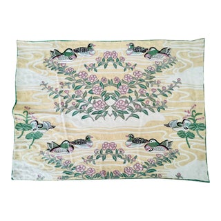 Vintage Wool Crewel Work Famille Noir Mandarin Ducks and Lotus Blossoms Textile For Sale