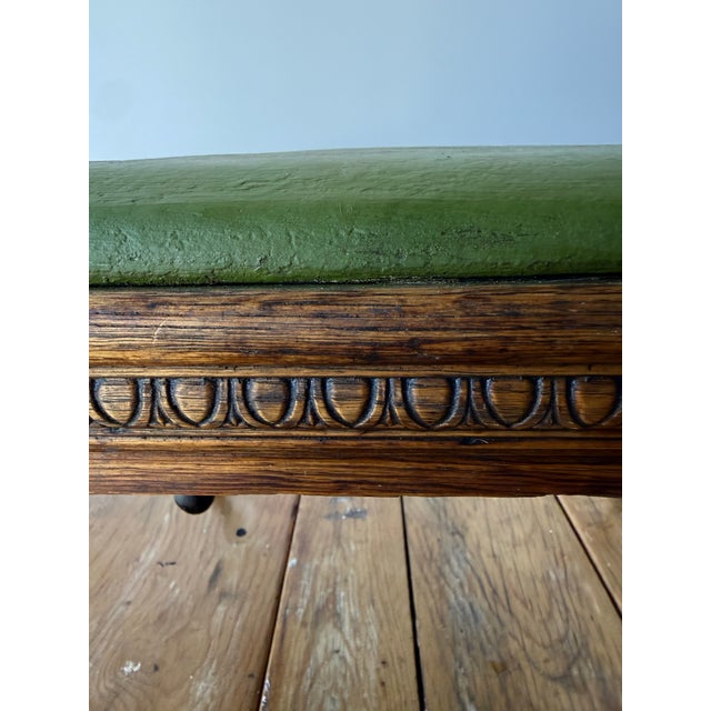 19th Century Antique Cobblers Stool-Carved-Egg and -Dart Trim, Green Leather and Iron Legs. For Sale - Image 9 of 12